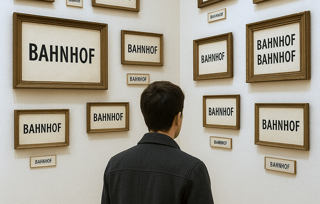 Besucher steht im Museum vor vielen identischen Schildern mit dem Wort „Bahnhof“ – Symbol für fehlendes Hintergrundwissen